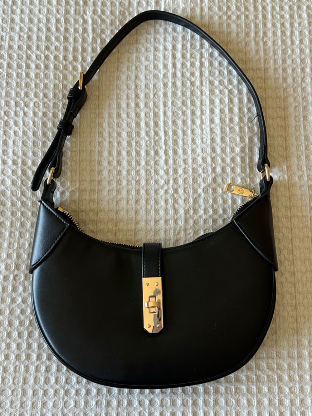 Black Faux Leather Crescent Shoulder Bag with Gold Hardware